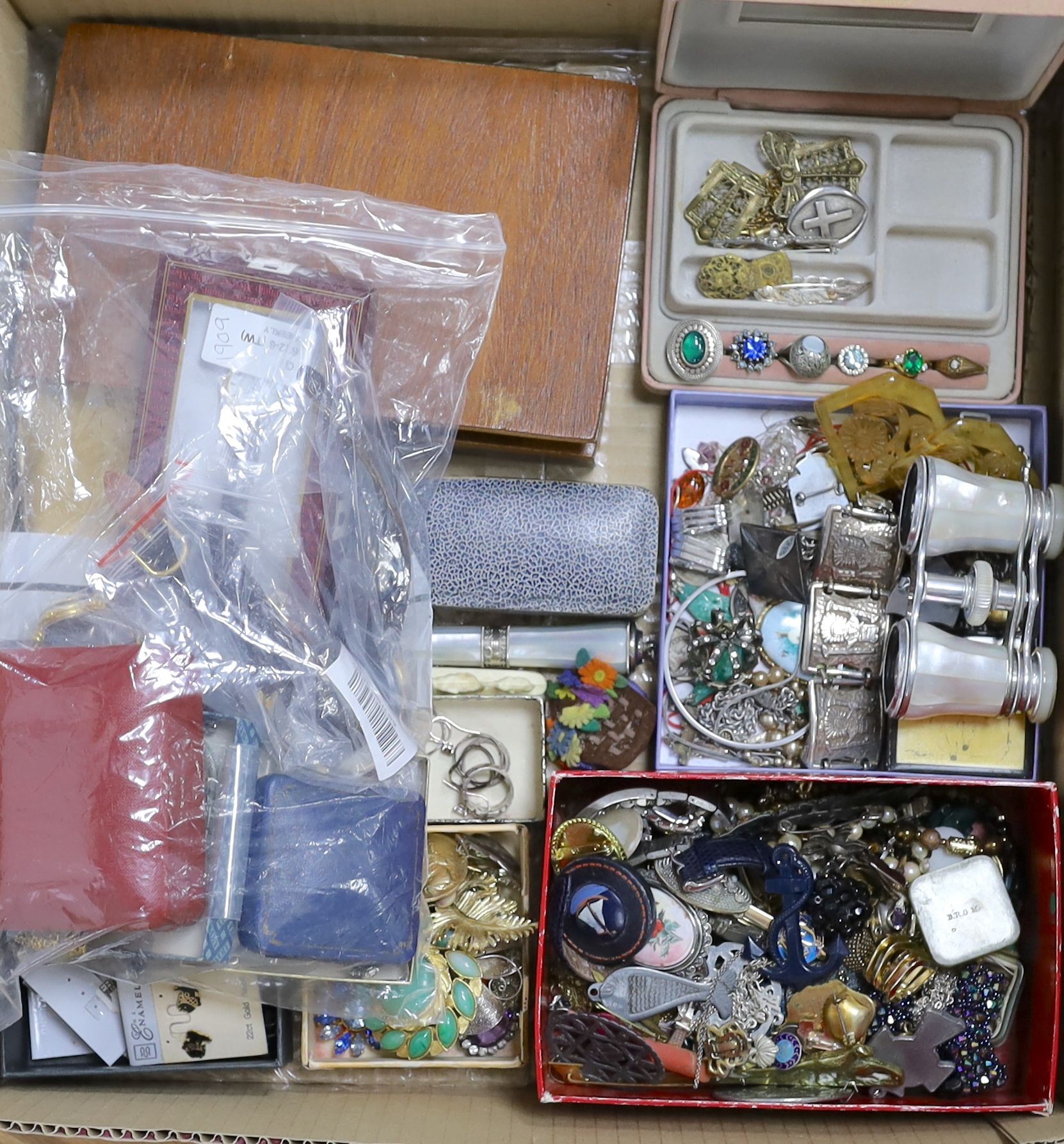 A quantity of assorted costume jewellery, sterling, silver, white metal and other items including pens, opera glasses etc.